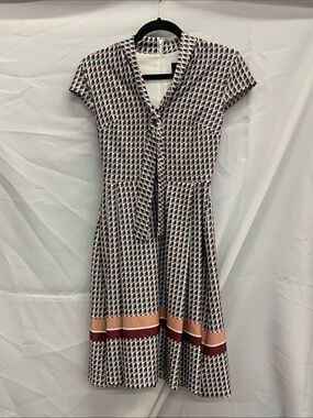 Geometric Tie-Neck Fit-and-Flare Dress in Blue and Brown